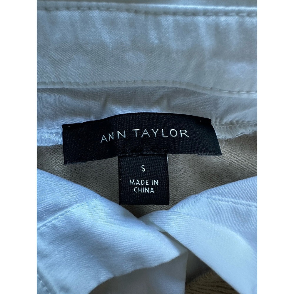 Ann Taylor Mixed Media Sweater Vest‎ Layered Shirt Tan White Small FA24 - Picture 3 of 7